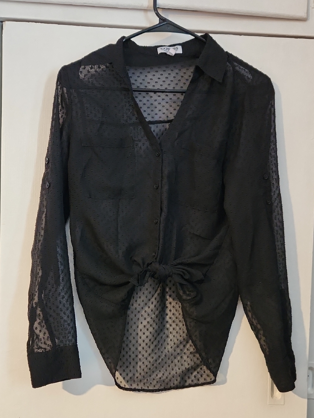 New Express Black Sheer Polka Dot Blouse